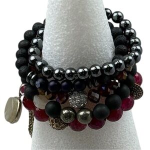 Beaded‎ Stretch Bracelet Set 5-Piece Black Red Hematite Tassel Women’s One Size